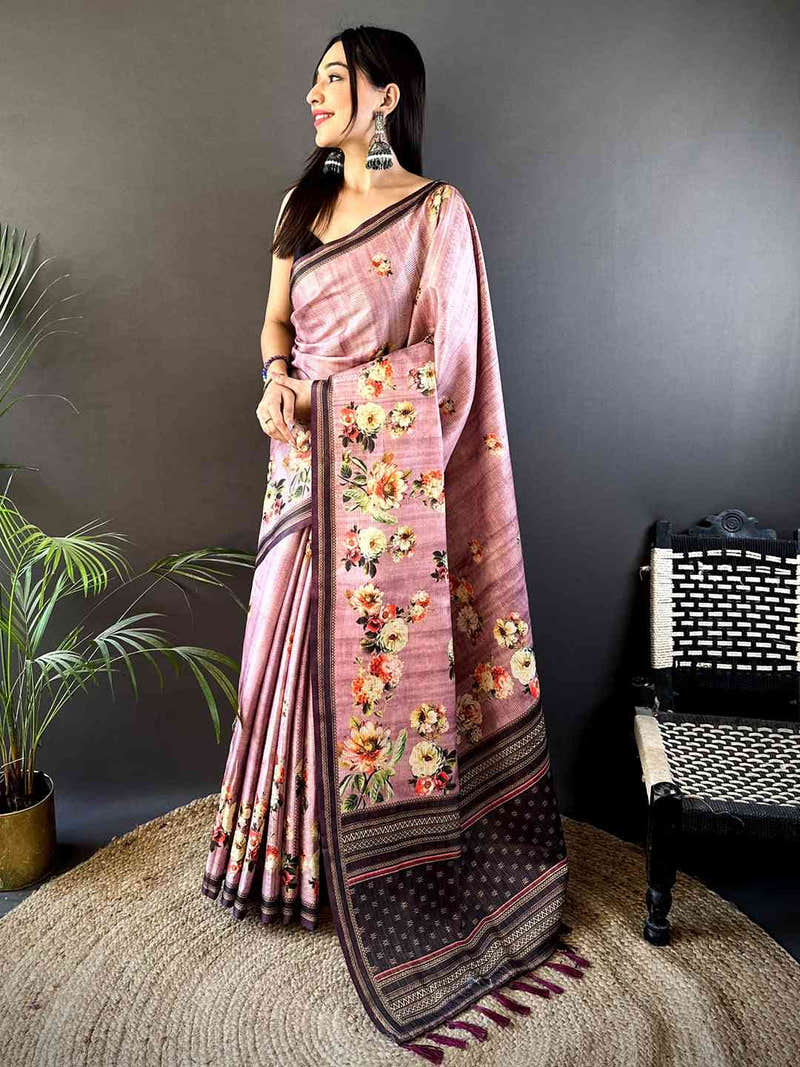 Floral Beauty in Mauve Tussar Zari Saree