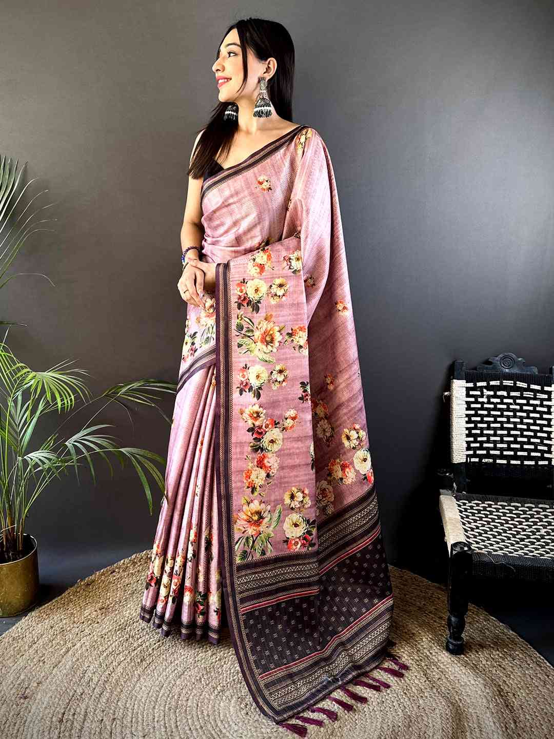 Floral Beauty in Mauve Tussar Zari Saree