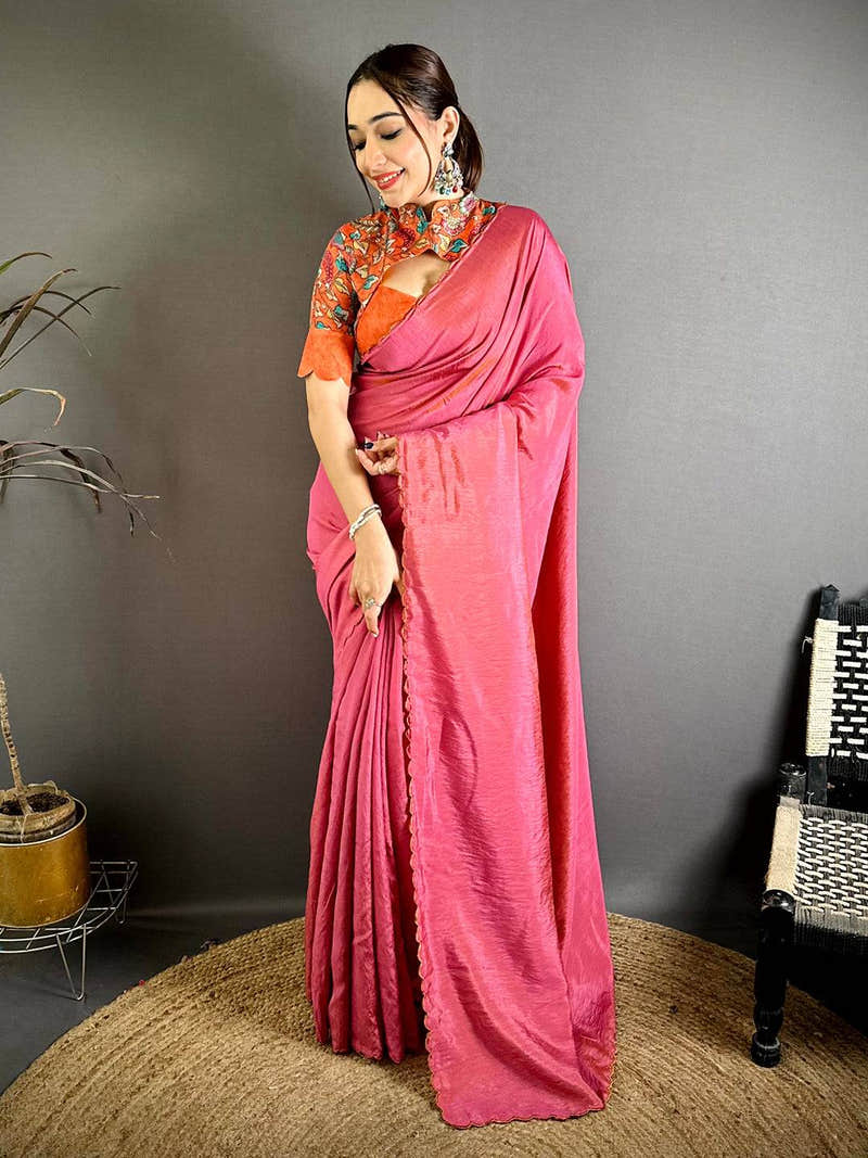 Rose Pink Silk Resham Embroidery Cutwork Saree