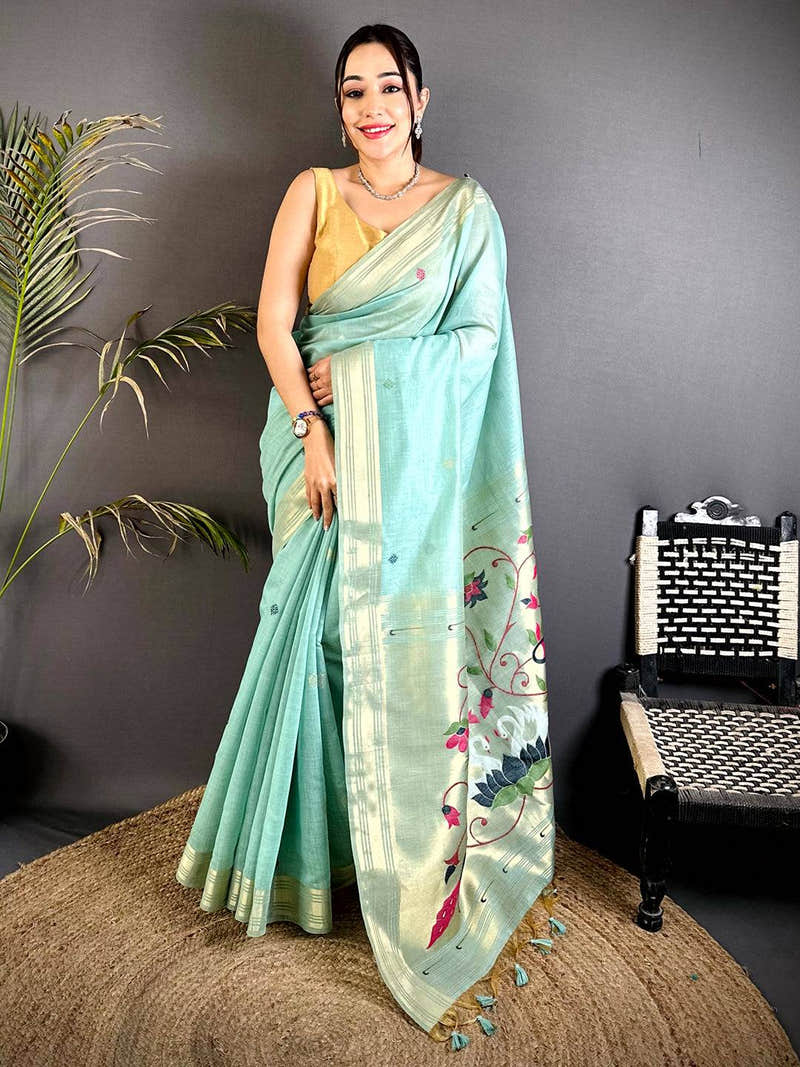 Sky Blue Swan Minakari Linen Saree