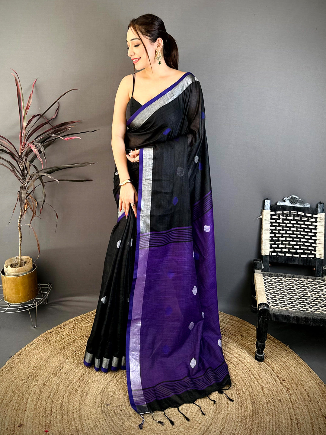 Classic Minakari Polka Dot Linen Saree
