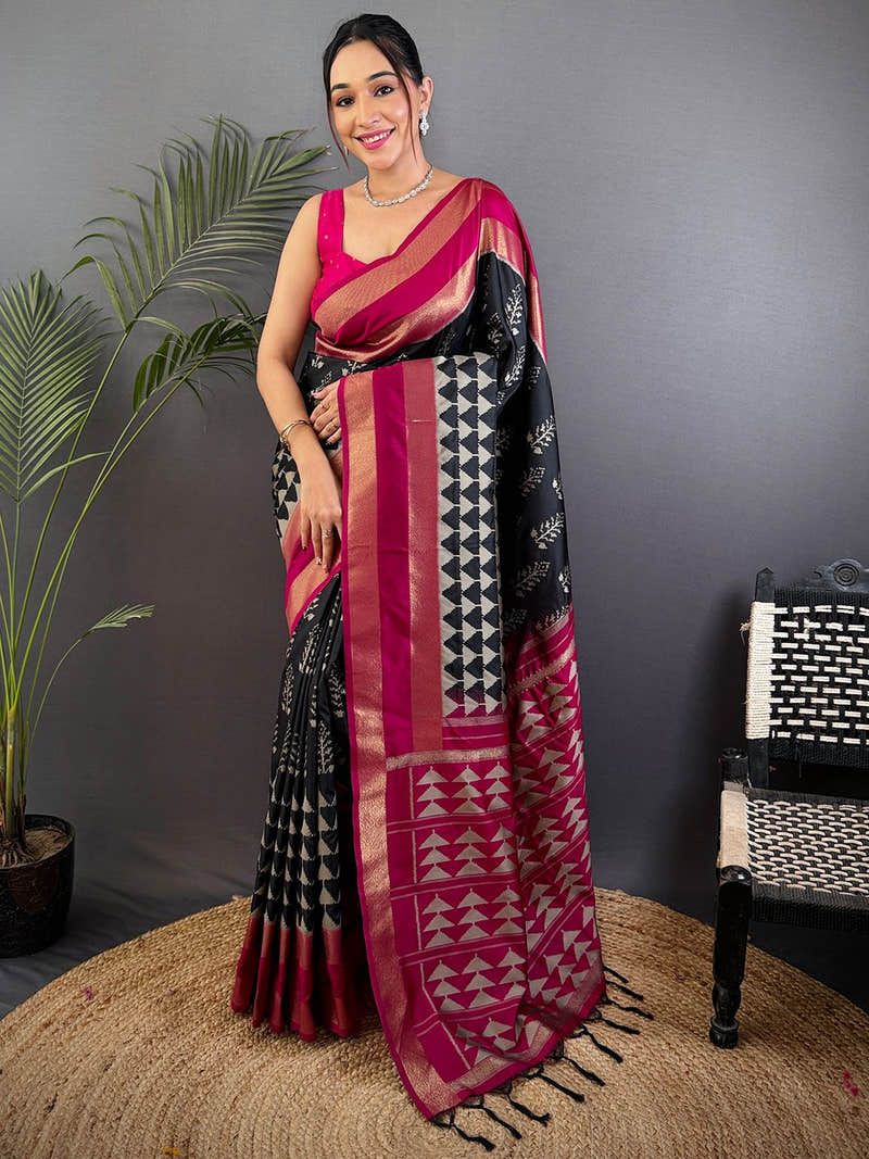 Radiant Black Soft Silk Ikkat Saree