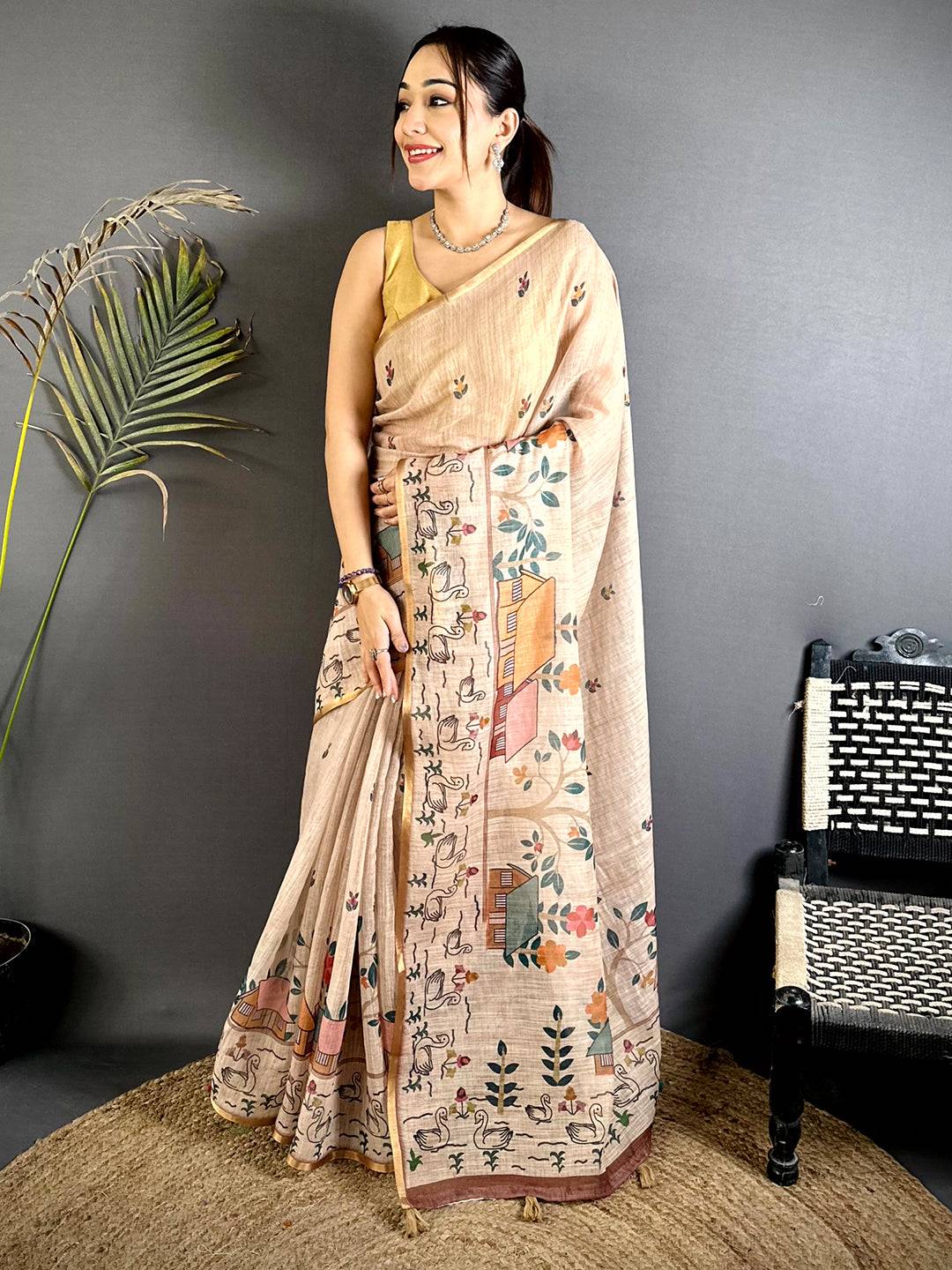 Peach Kalamkari Madhubani Print Saree