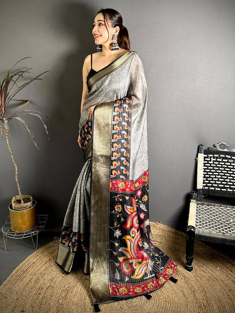 Stylish Zari Katha Pattern Kalamkari Saree