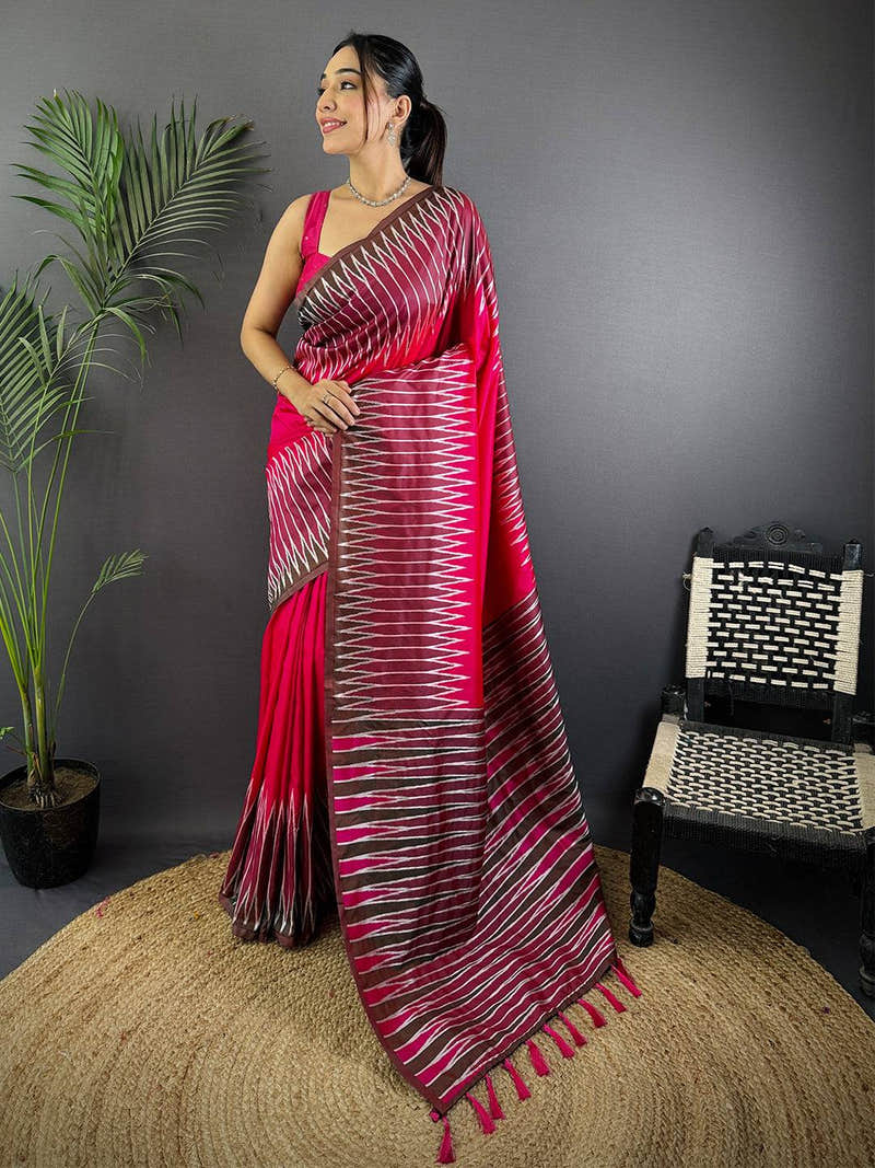 Pink Soft Silk Ikkat Zari Weaving Saree