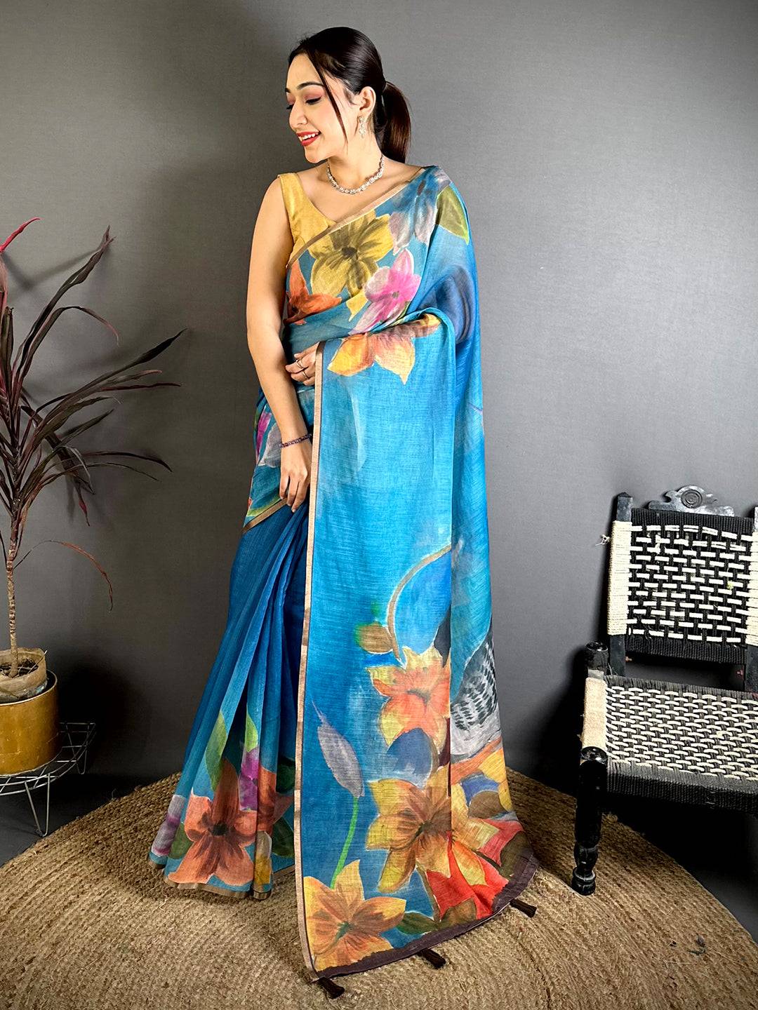 Traditional Kalamkari Linen Chanderi Saree