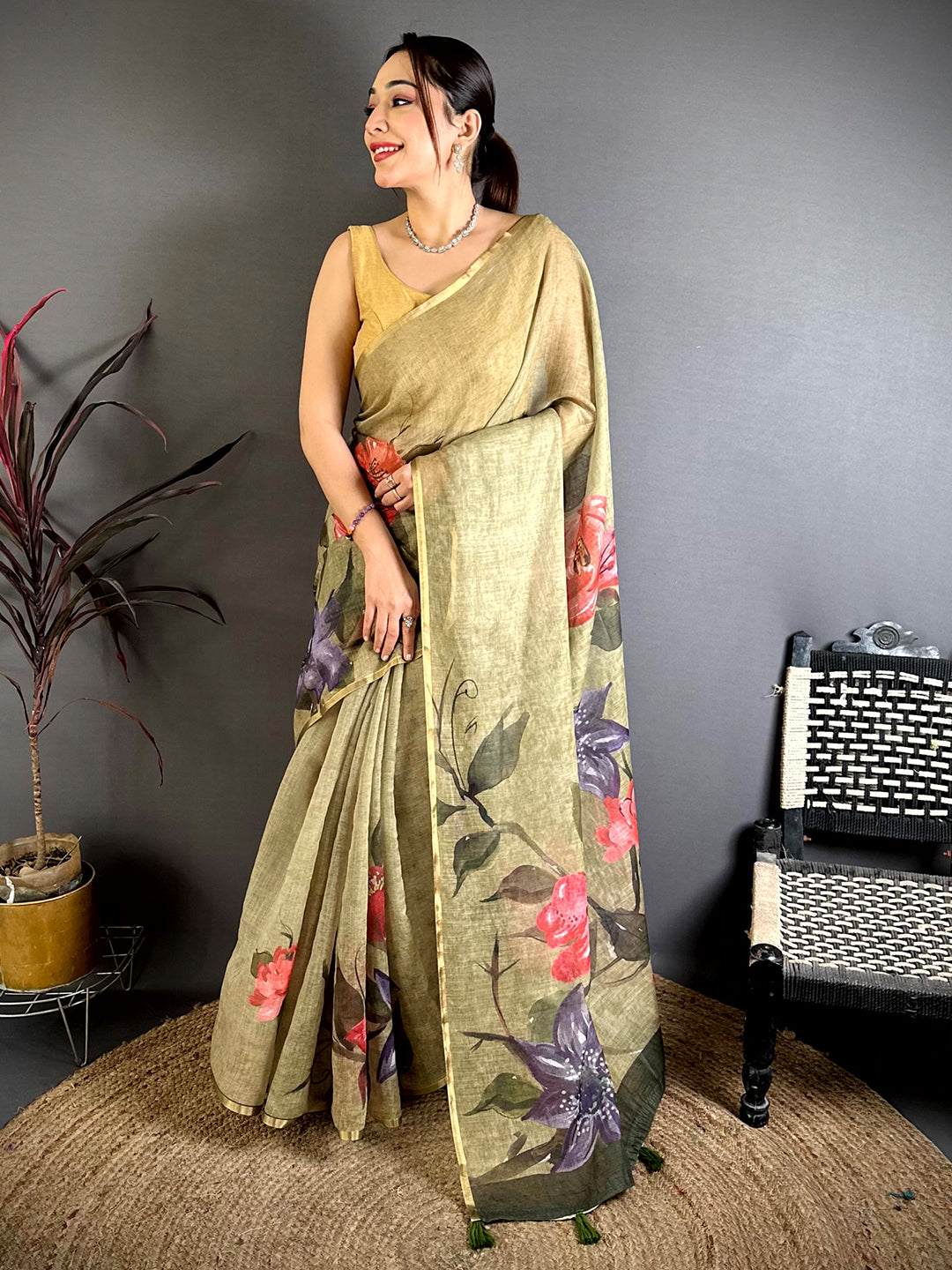 Regal Kalamkari Linen Chanderi Saree