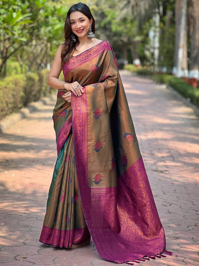 Medium Bronze Kanjivaram Tissue Saree With Gold Zari Weaving