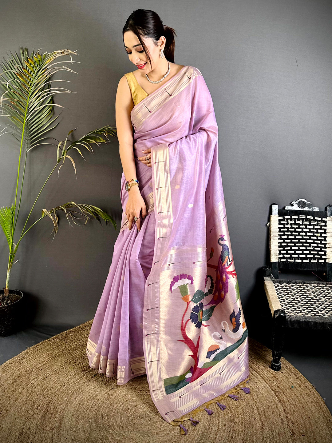 Lavender Minakari Grace Khadi Linen Saree
