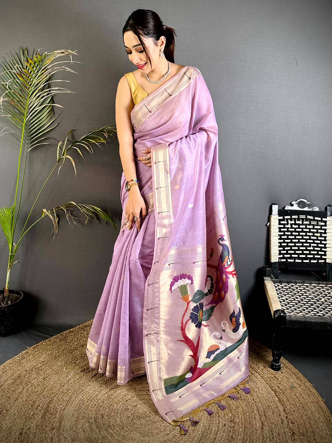 Lavender Minakari Grace Khadi Linen Saree