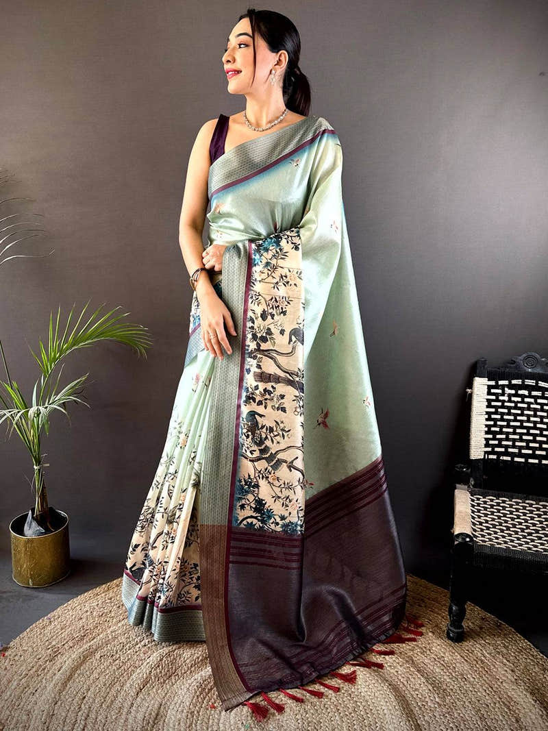 Mint Green Digital Kalamkari Printed Tussar Silk Saree
