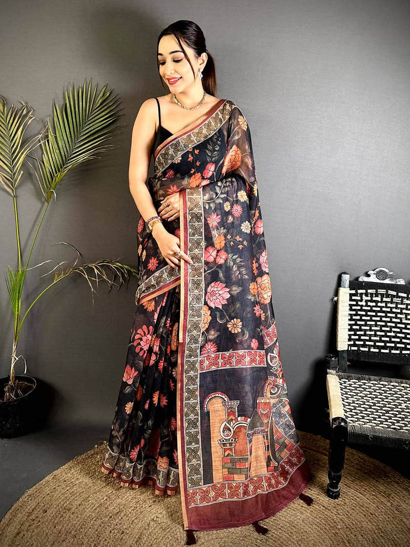 Traditional Floral Kalamkari Soft Linen Saree