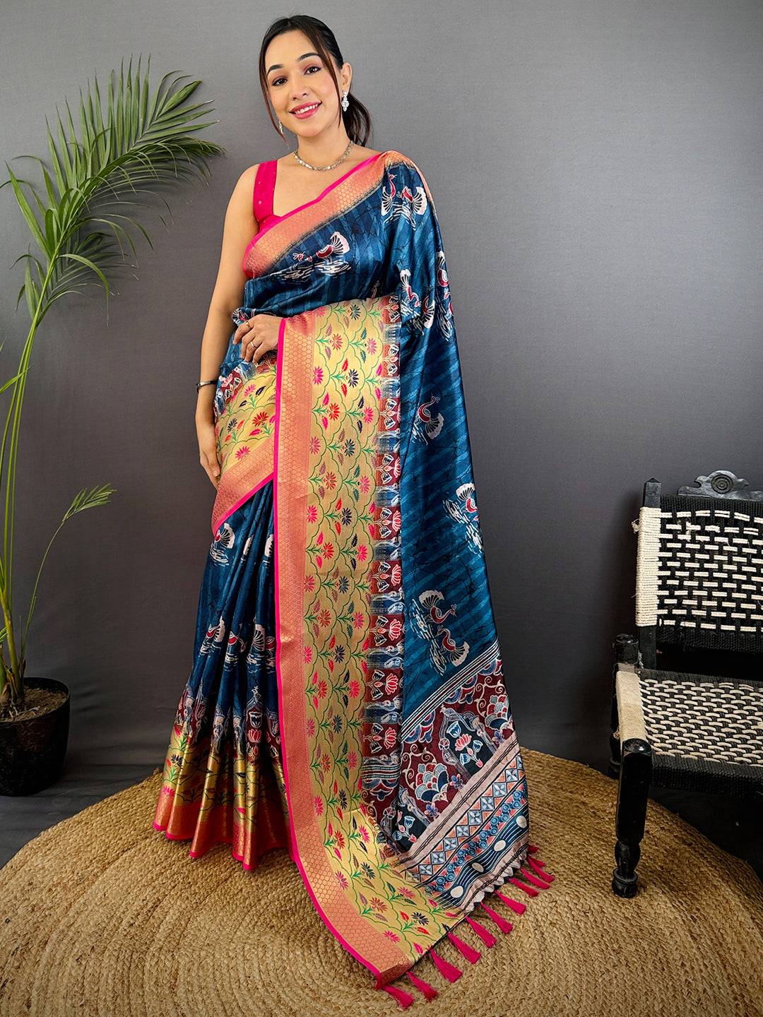 Dark Blue Freehand Digital Print Soft Silk Saree
