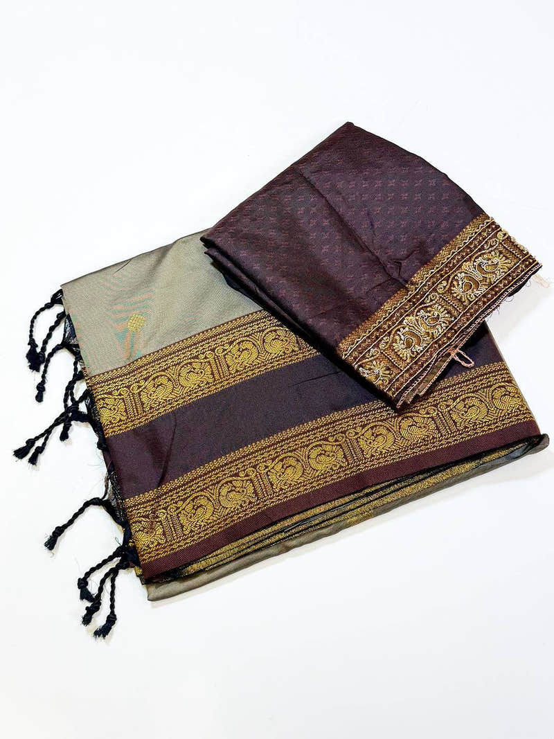 Classic Peacock Zari Gadwal Silk Saree With Maggam Blouse