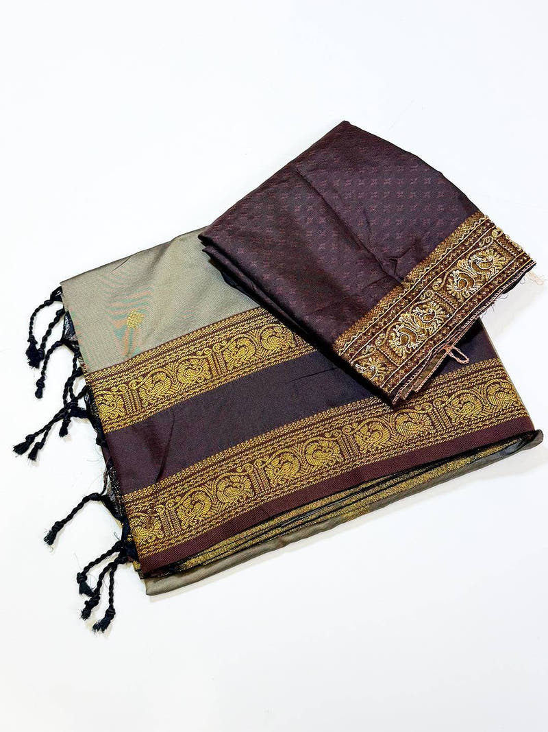 Classic Peacock Zari Gadwal Silk Saree With Maggam Blouse