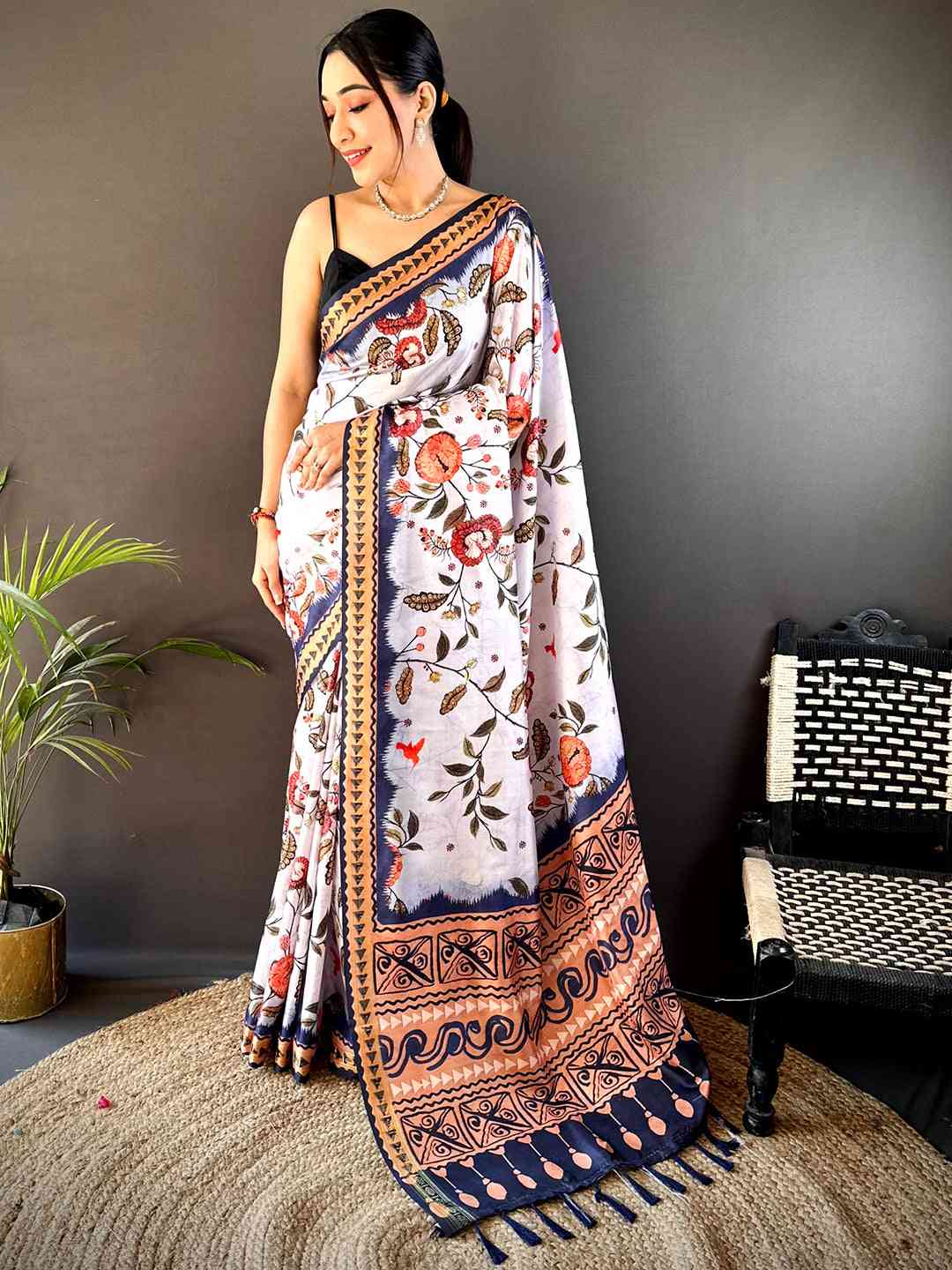 Off White Soft Silk Floral Saree Online in India