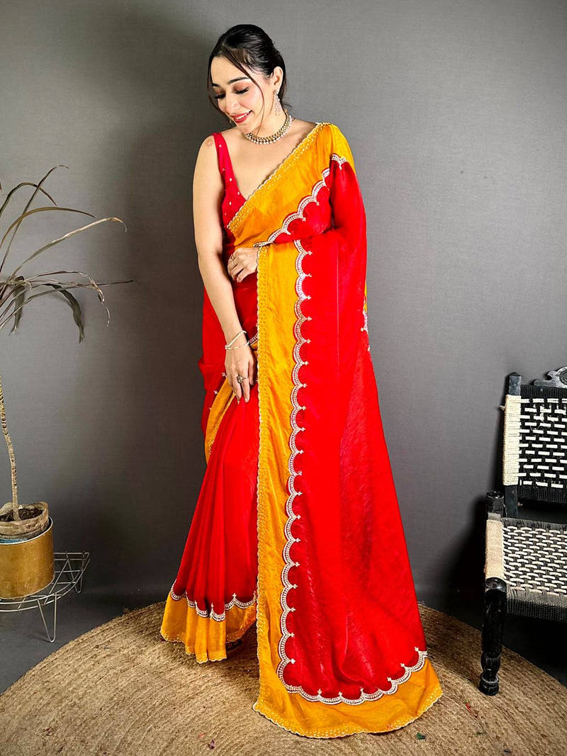 Radiant Silky Satin Diamond Zarkon Work Saree