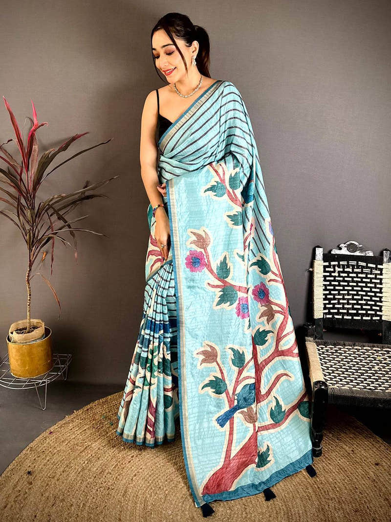 Sky Blue Tussar Ghicha Floral Bird Saree
