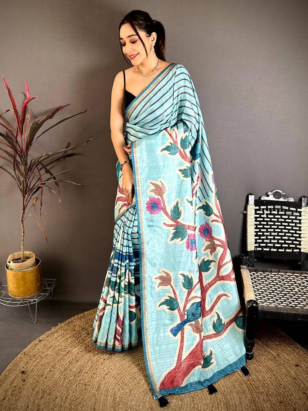 Sky Blue Tussar Ghicha Floral Bird Saree