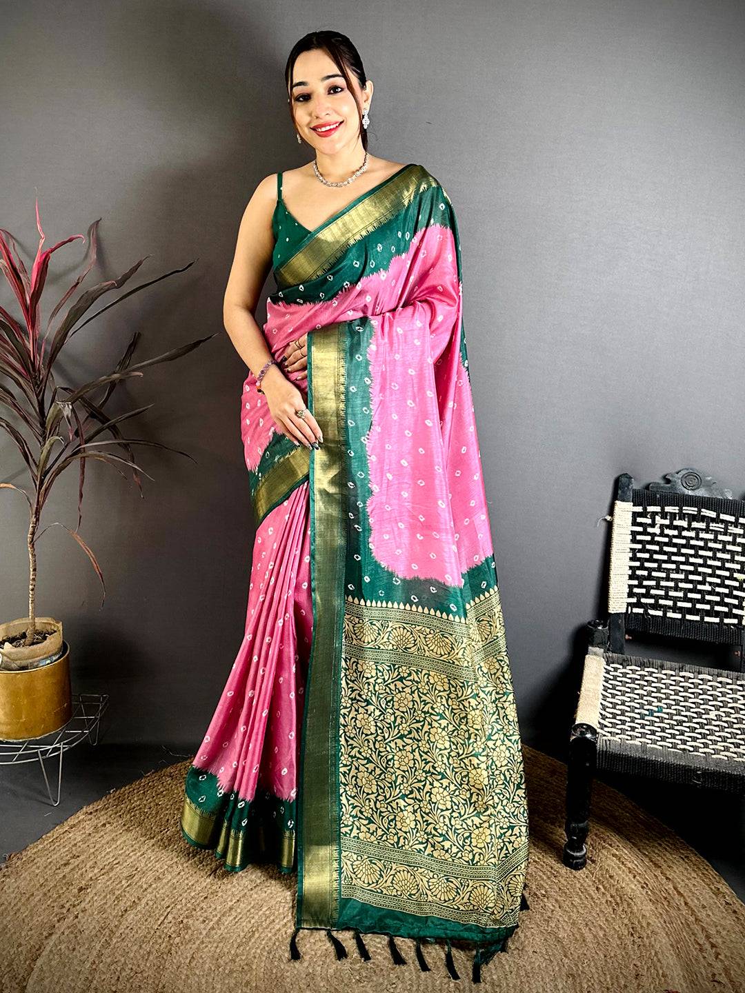 Pink Bandhej Printed Dola Silk Saree