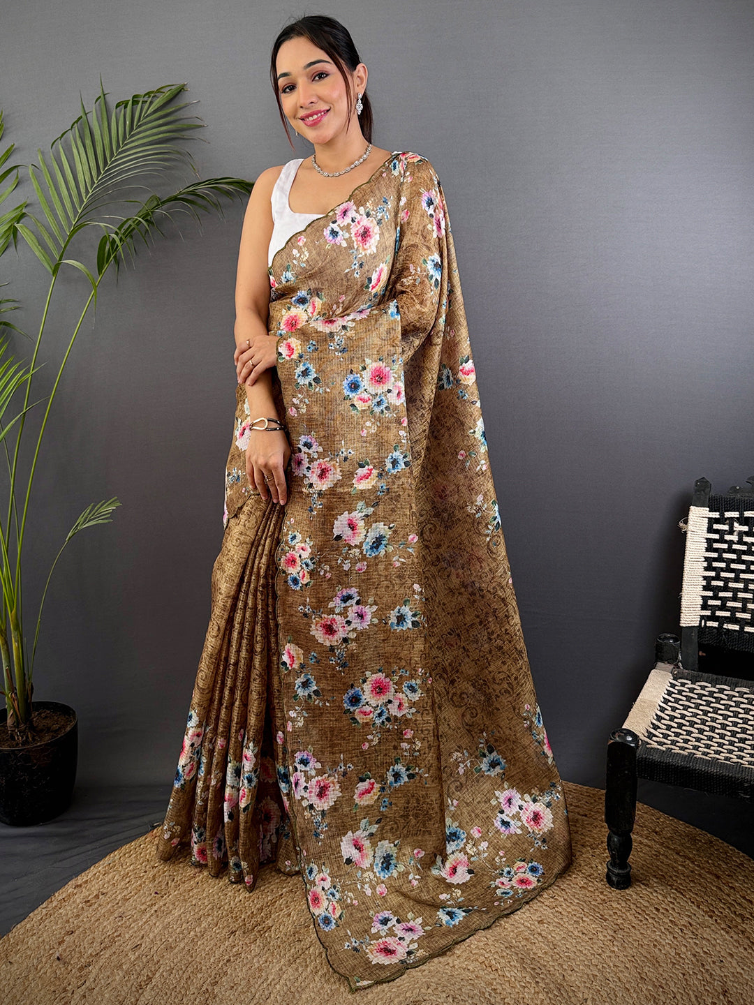 Brown Floral Cut Work Kota Saree