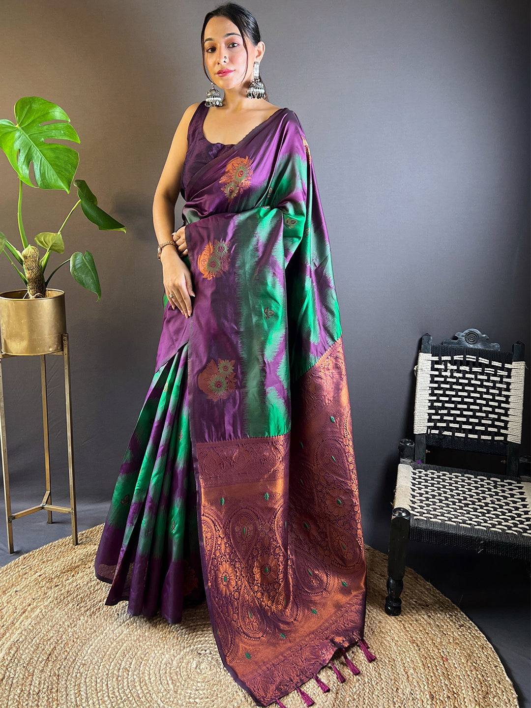Full view of dark green tussar silk Ikkat weaving saree.