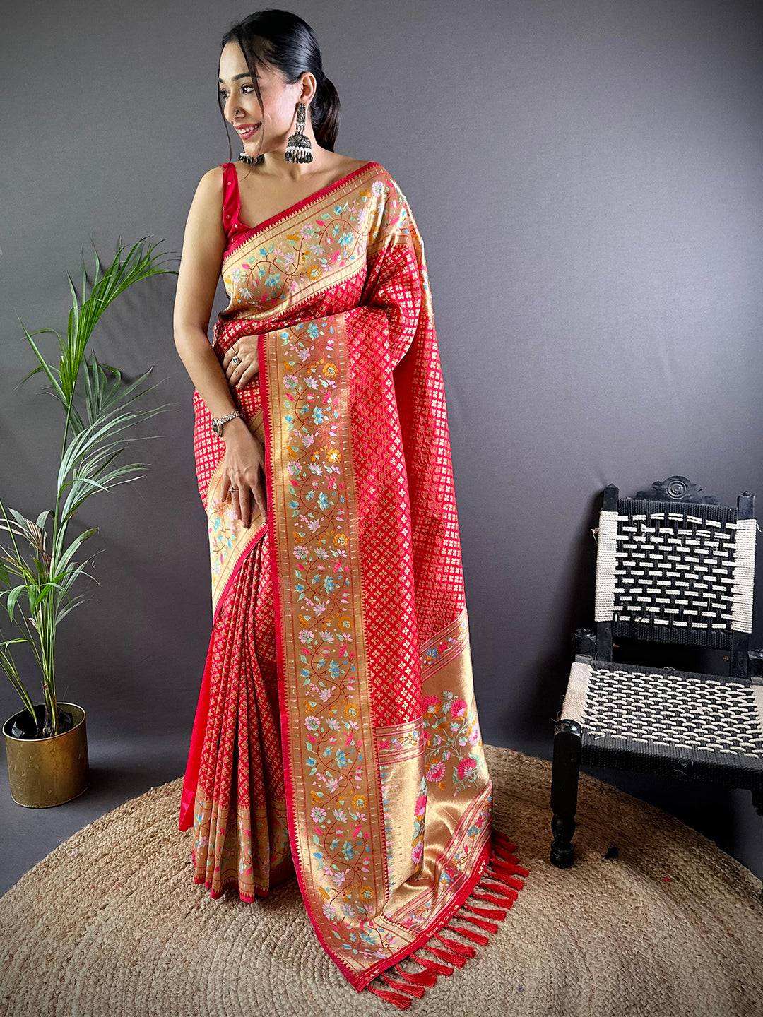 Red Banarasi Mina Kari Katan Silk Saree