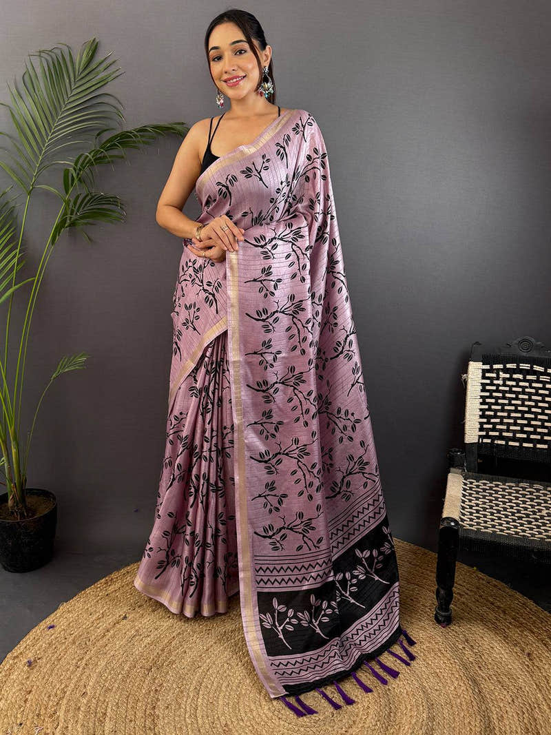 Lavender Ghicha Leaf Print Saree