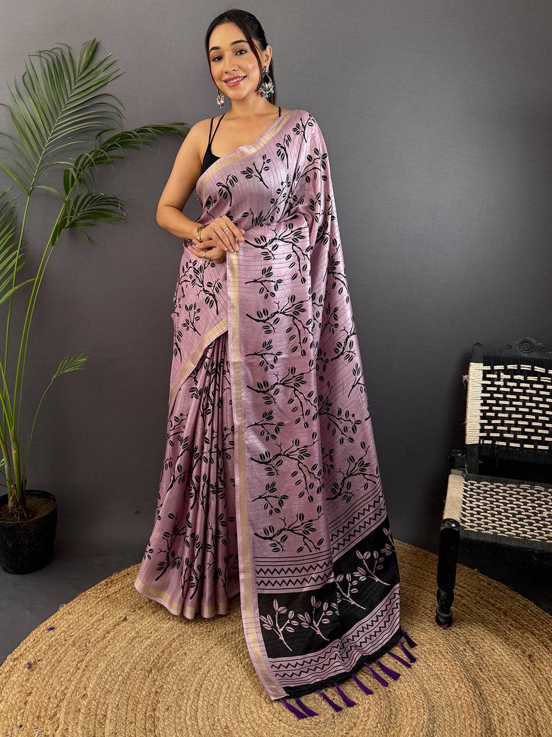 Lavender Ghicha Leaf Print Saree