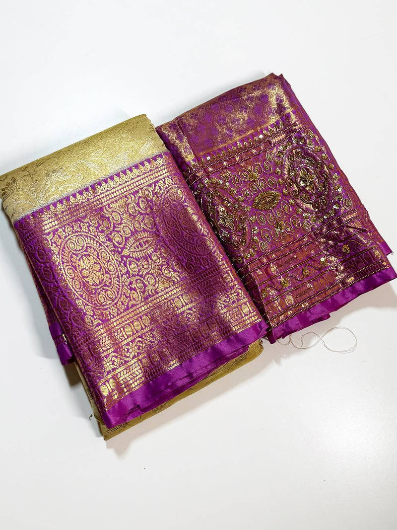 Golden Beige Dharmavaram Silk Saree With Maggam Blouse