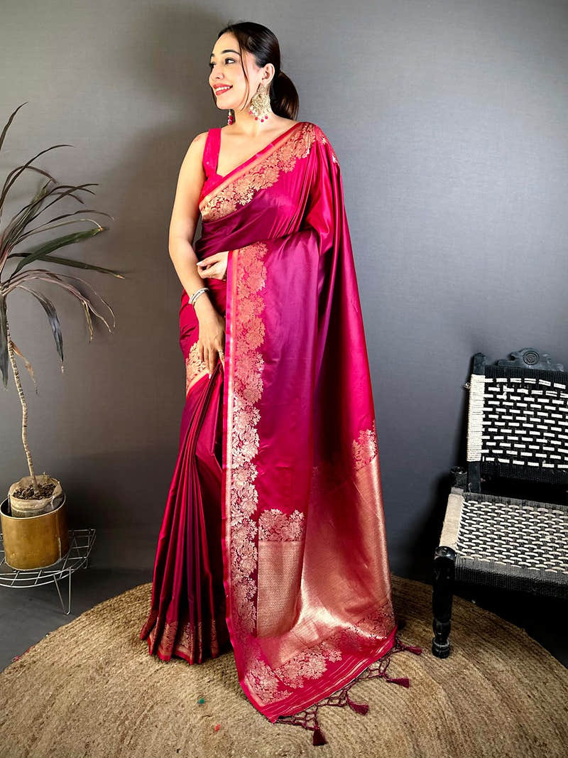 Rani Pink Ombre Mashru Silk Saree with Zari Border and Pallu