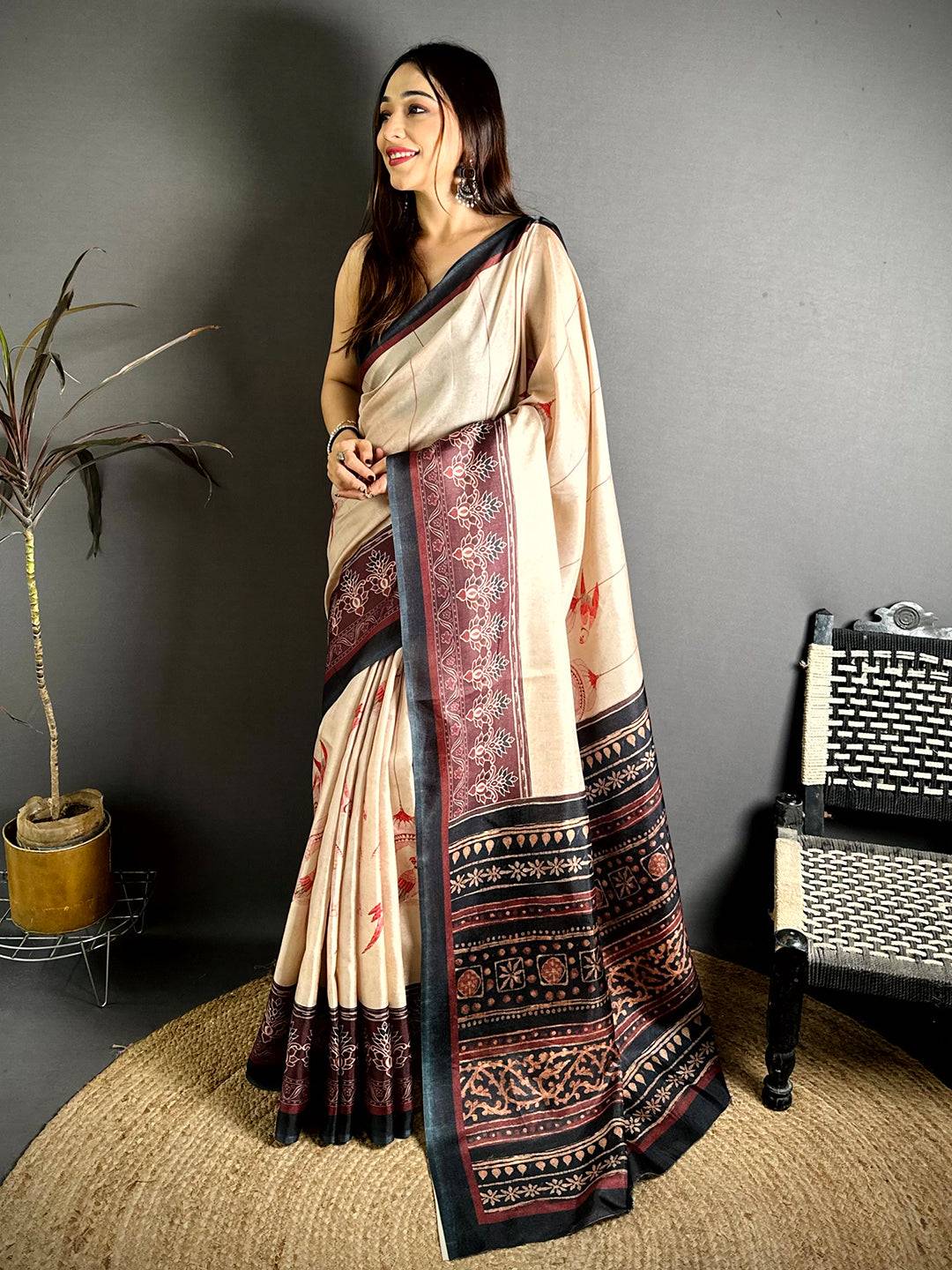 Opulent Ajrakh Border Tussar Saree