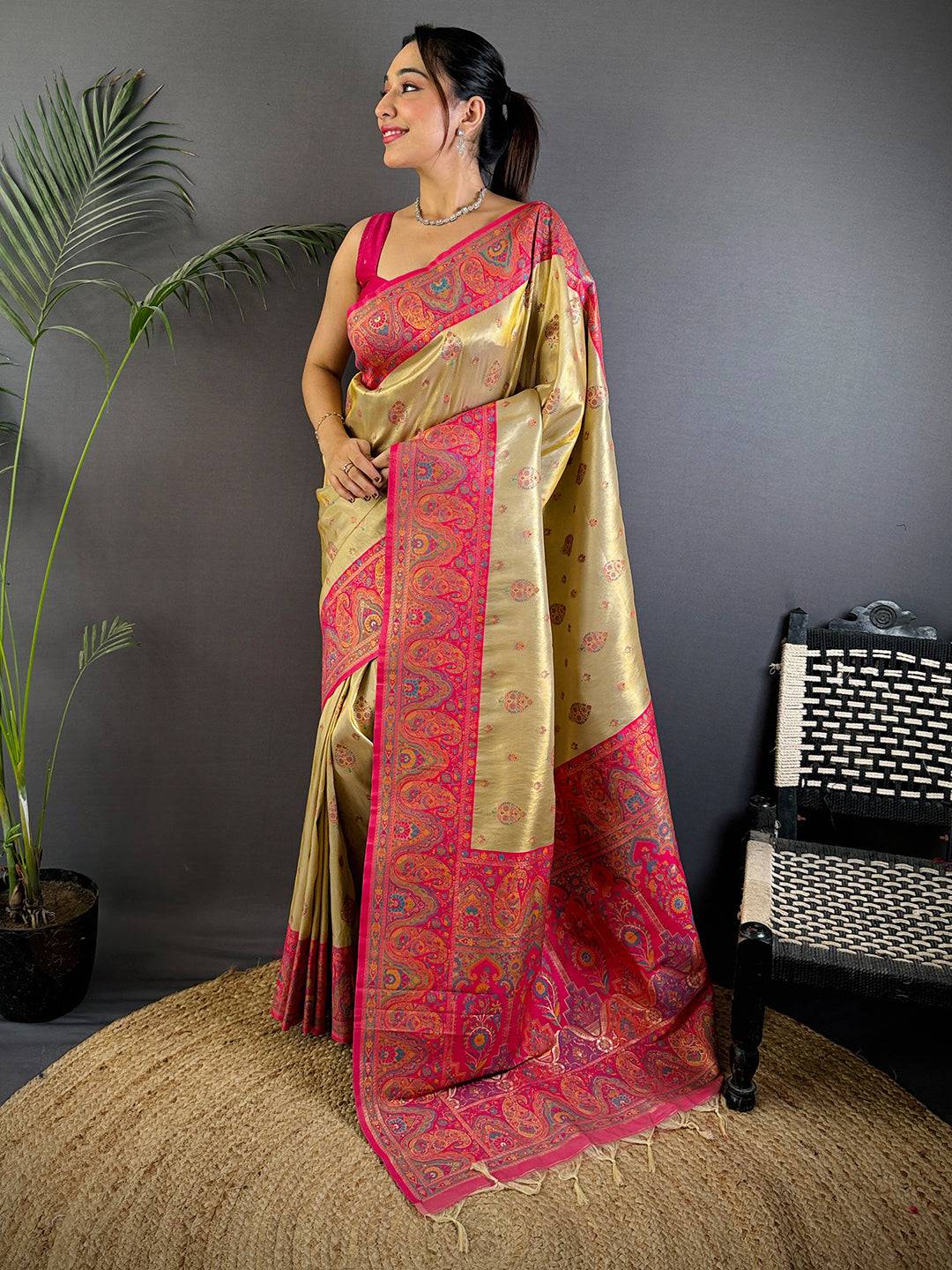Golden Glow Dharmavaram Silk Saree With Maggam Blouse