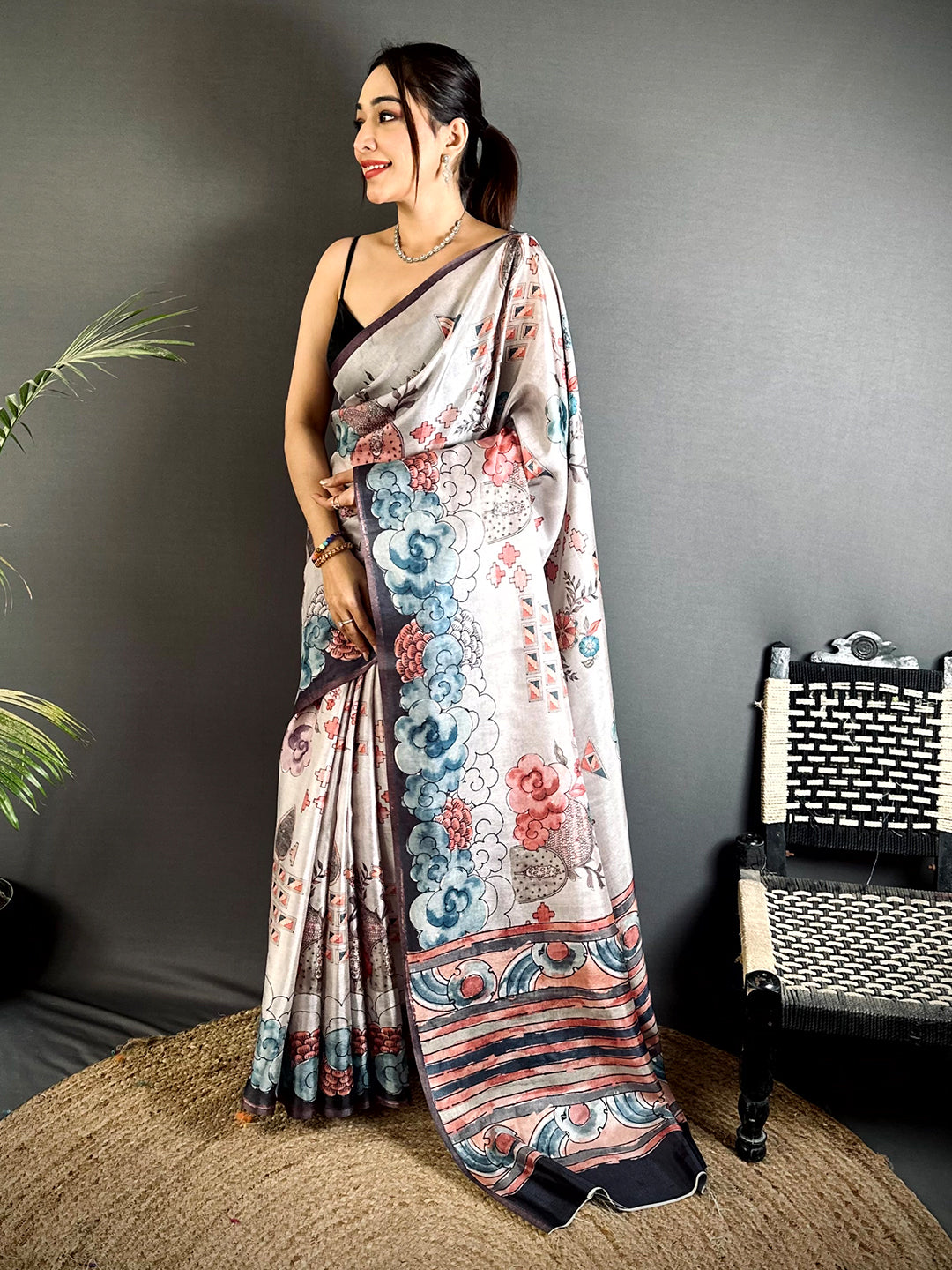 Opulent Floral Kalamkari Tussar Saree