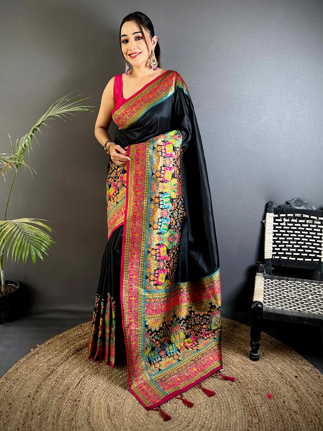 Black Kashmiri Art Soft Silk Saree