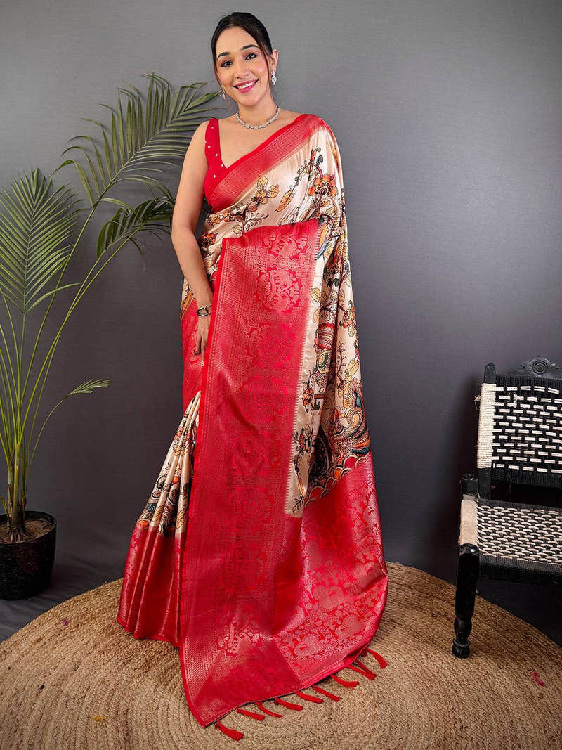 Beige Kalamkari Printed Soft Satin Saree