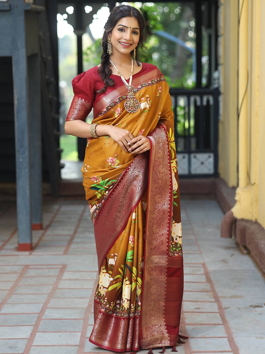 Pichwai Print Zari Weaving Pallu Saree In Mustard Colour