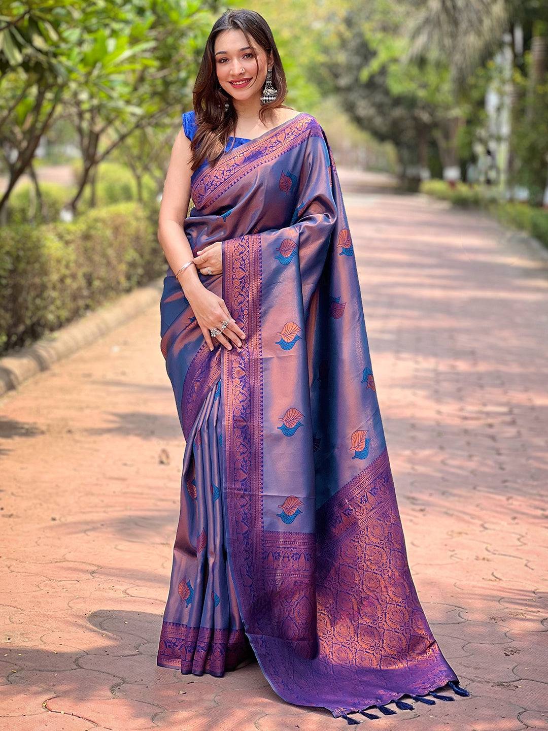 Full view of navy Kanjivaram saree with intricate gold zari