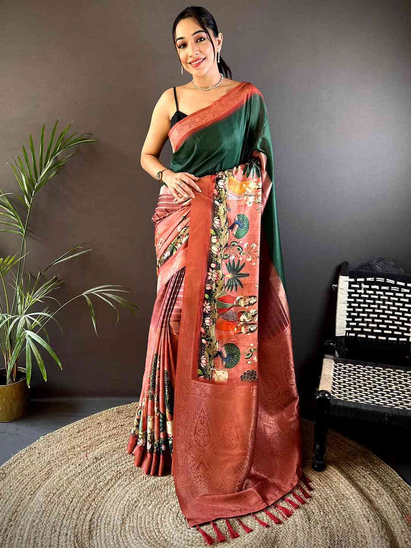 Green Soft Silk Placement Digital Print Saree