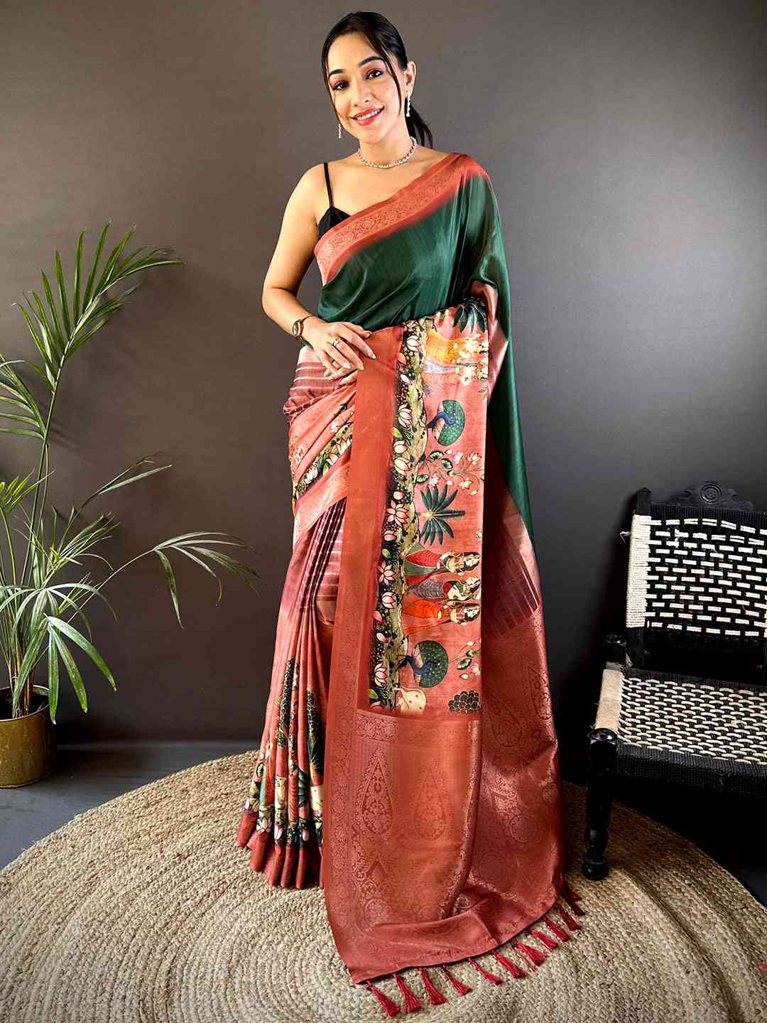 Green Soft Silk Placement Digital Print Saree