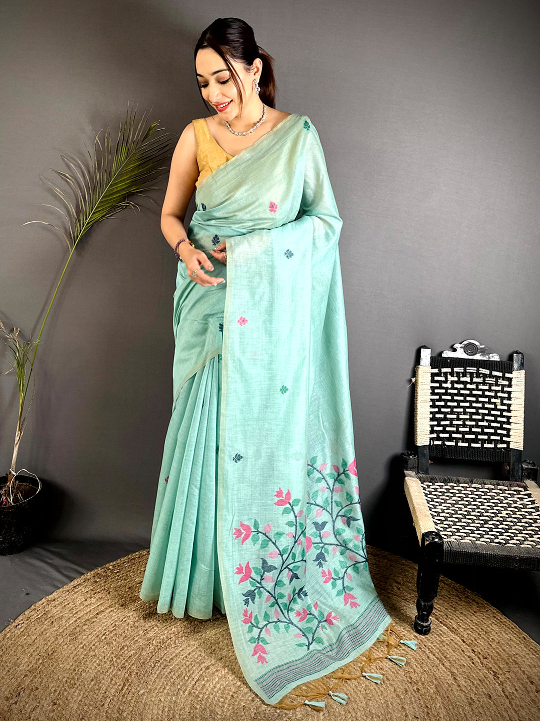 Sky Blue Jamdani Pallu Khadi Linen Saree