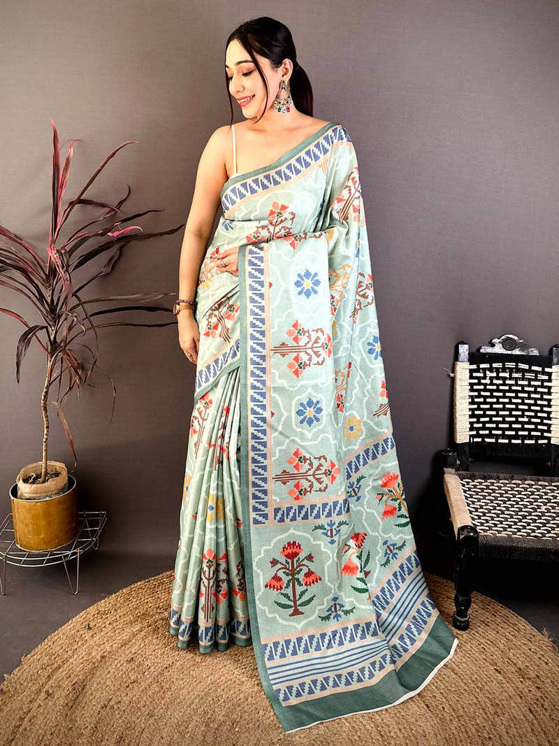 Sage Green Tussar Floral Digital Art Saree