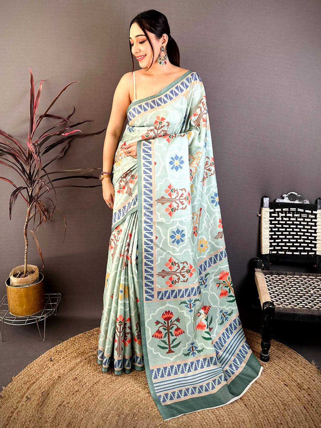 Sage Green Tussar Floral Digital Art Saree