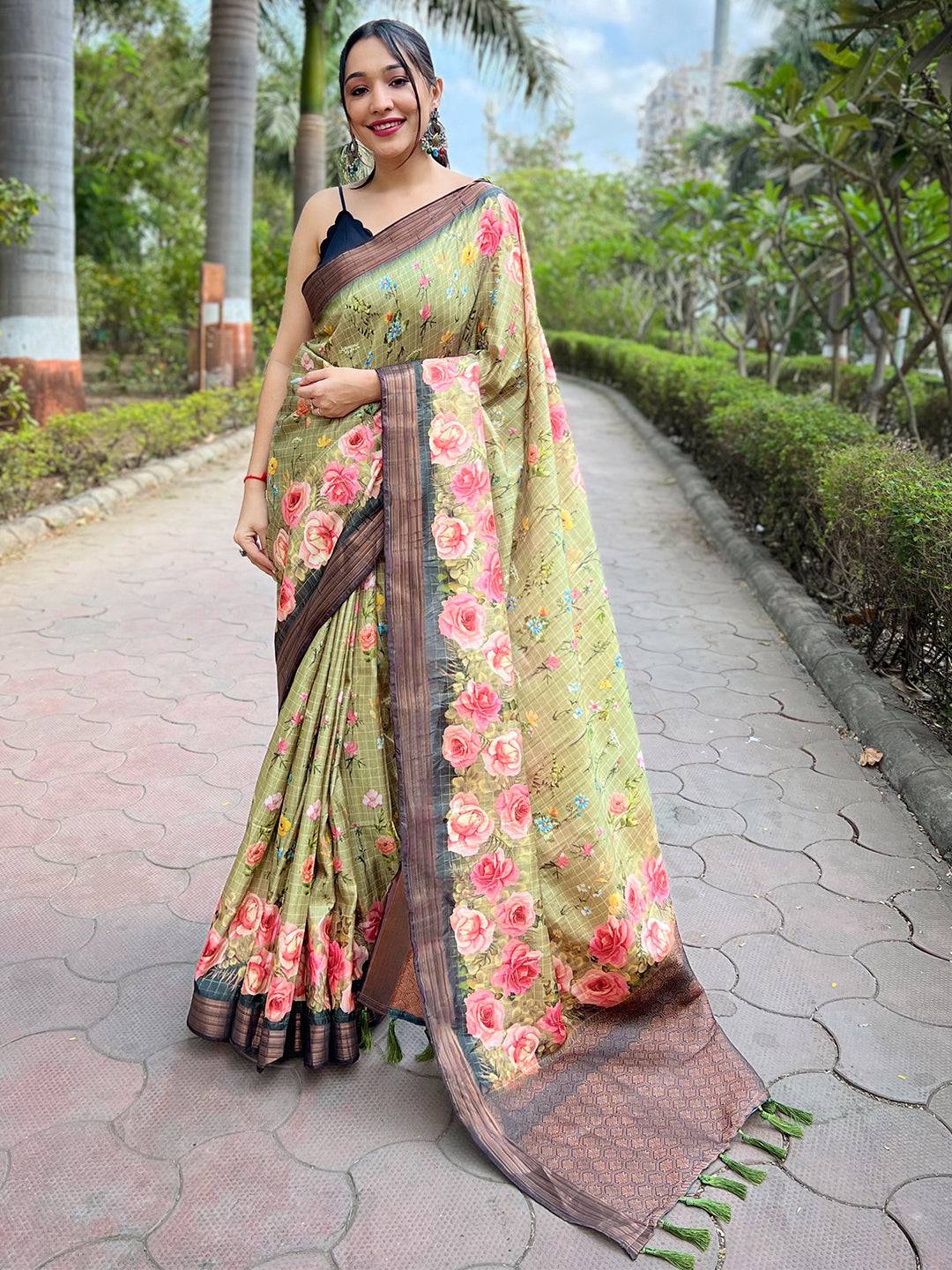 Pista silk saree with copper zari and digital floral design