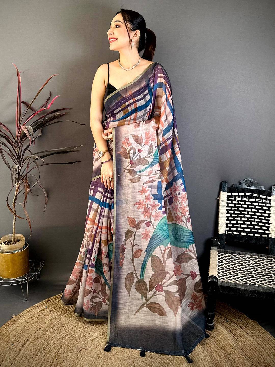 Classic Linen Chanderi Check Saree