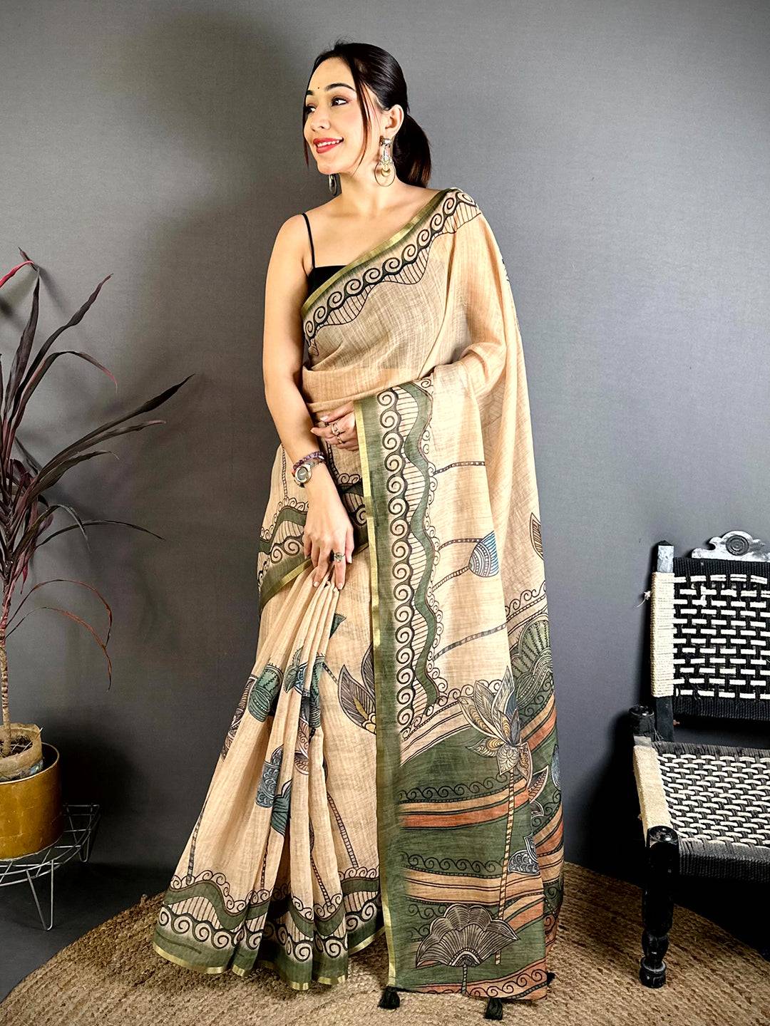 Elegant Freehand Kalamkari Linen Saree