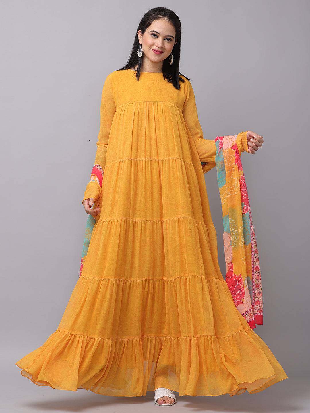 Sunlit Mustard Flared Long Dress front view