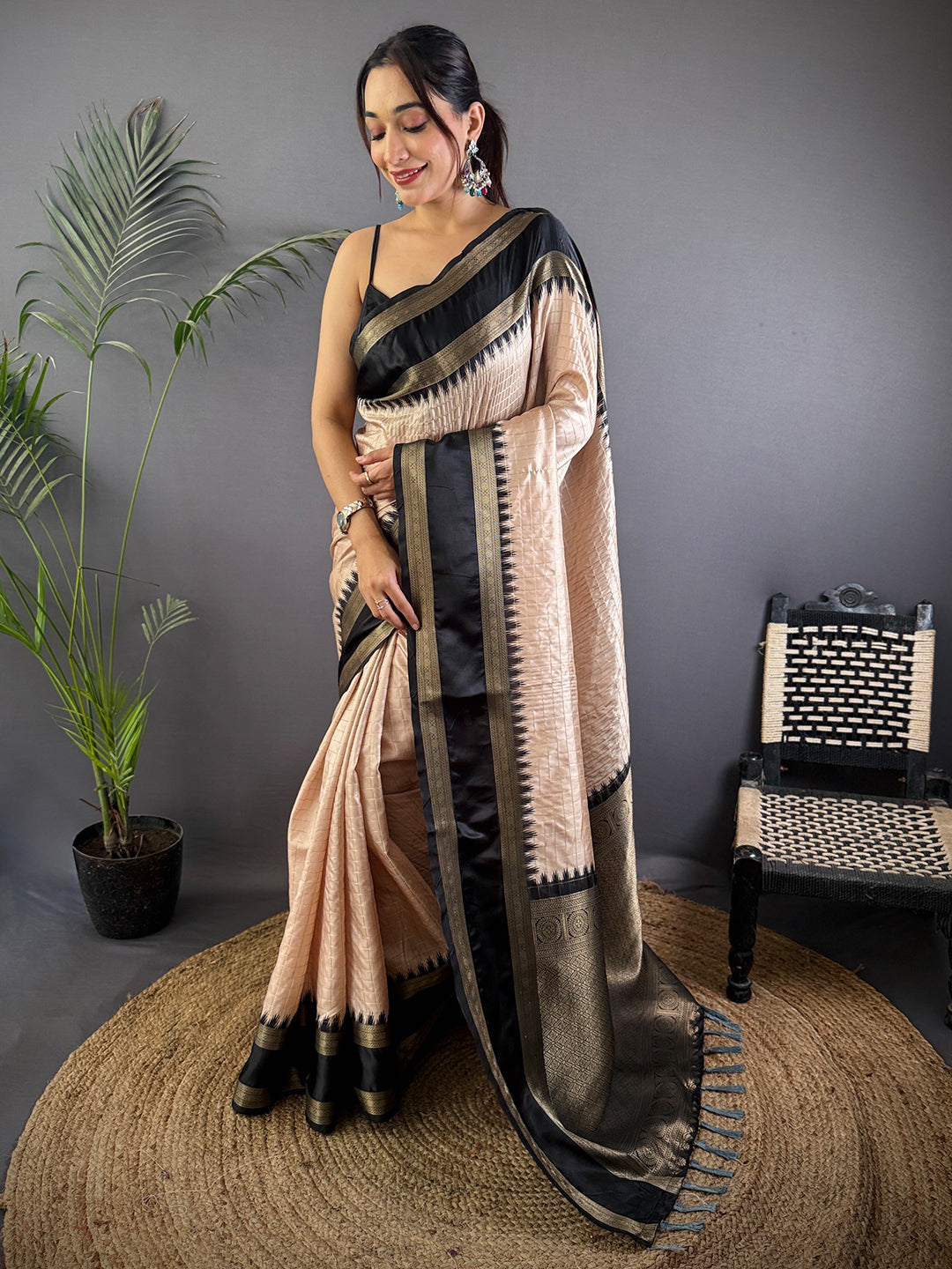Beige Zari Checked Satin Rettapet Saree