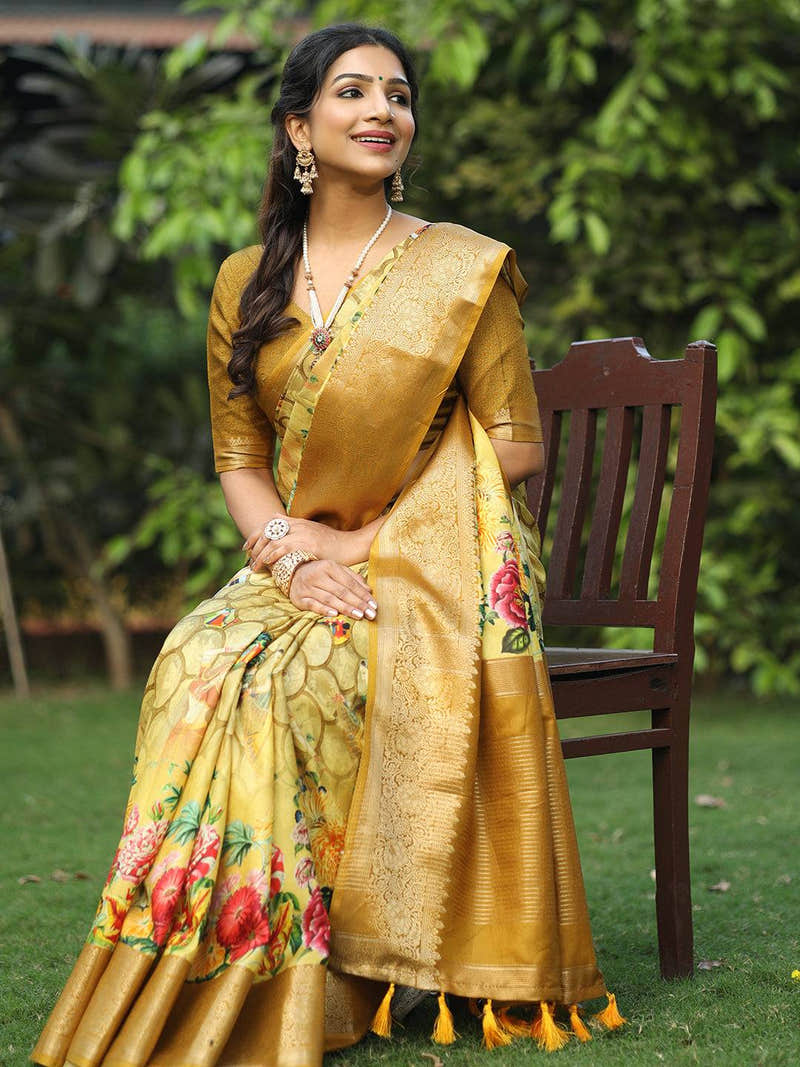 Yellow Colour Viscose Dola Silk Floral & Mughal Print Saree - Luxe