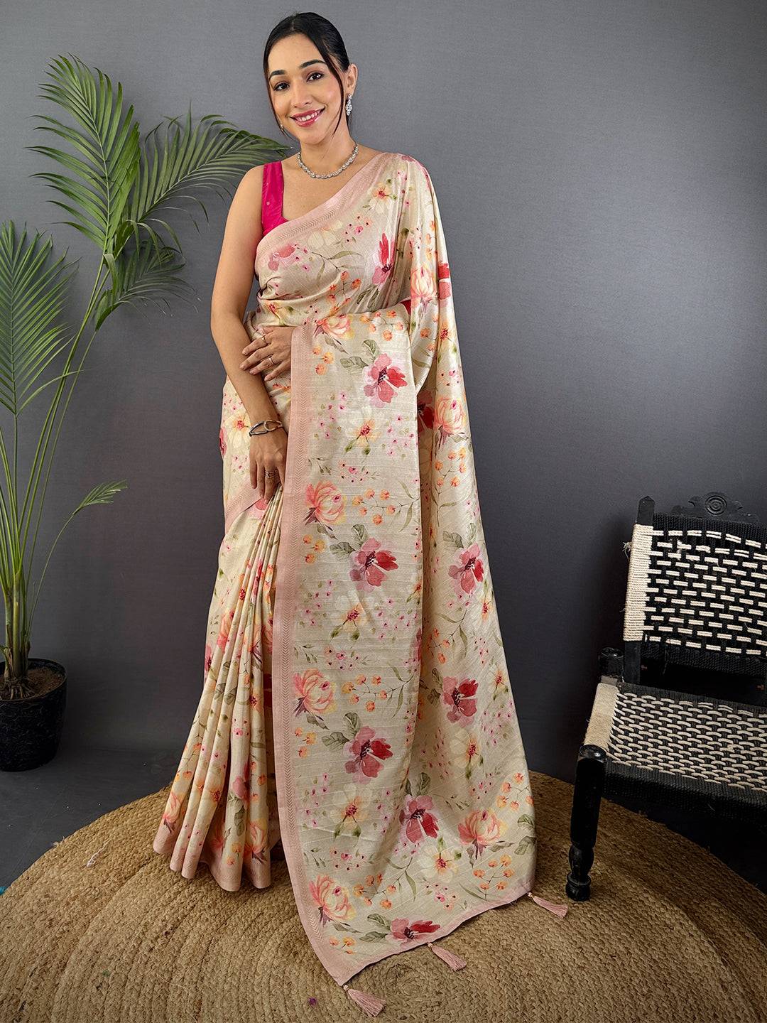 Beige Ghicha Leaf Print Saree